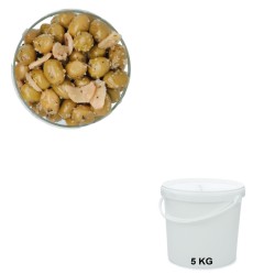 Green Olives with Garlic, wholesale packaging in 5 kg bag bucket.