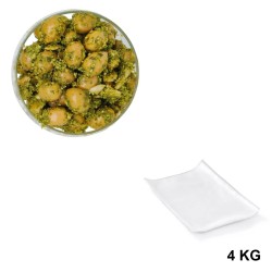 Green Olives broken with Pesto in a 4 kg vacuum-sealed bag.