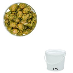 Olives Vertes cassées au Pistou en seau de 3 kg.