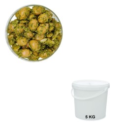 Olives Vertes cassées au Pistou en seau de 5 kg.