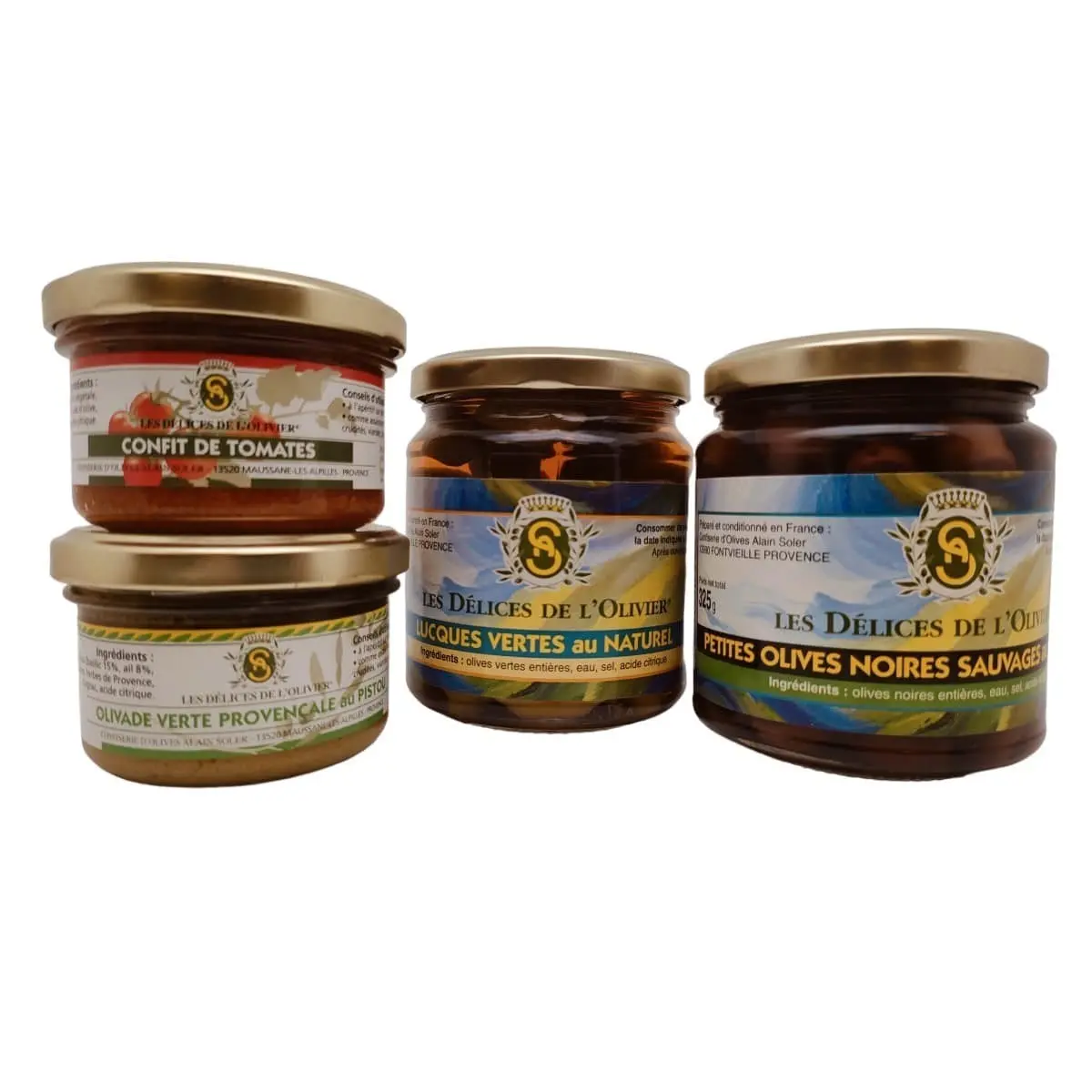 Coffret Cadeau Délices Méditerranéens olivade verte, confit de tomate, olives lucques et olives noires sauvages